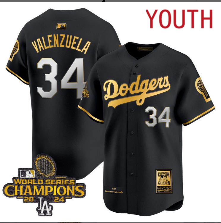 Youth  MLB Los Angeles Dodgers #34 Valenzuela black 2024 World Series Champions Patch Cooperstown Jersey